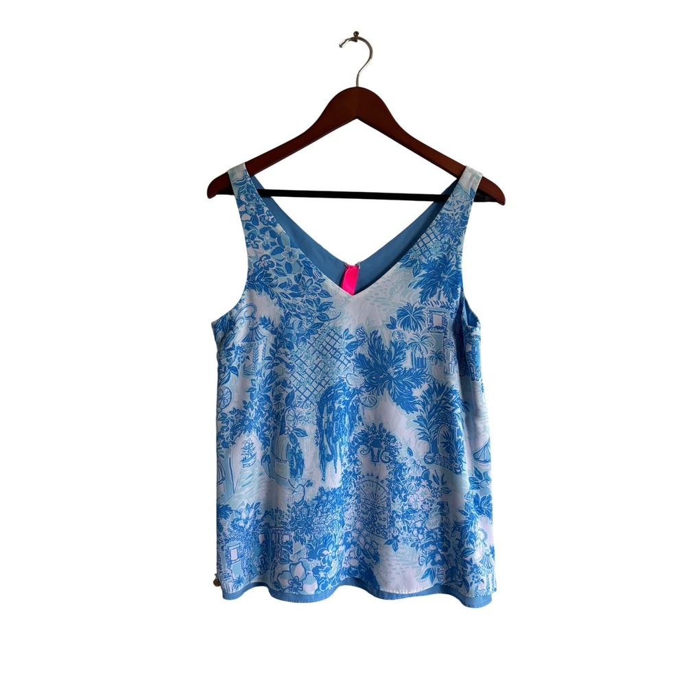 Lilly Pulitzer Florin Reversible V-Neck Tank Top Blue White Tropical Toile Small